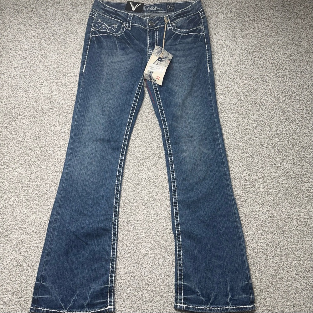 NWT Women’s LA Idol Dark Blue Wash Bootcut Jeans Embellished Pockets Sz 11x33 - Picture 2 of 9